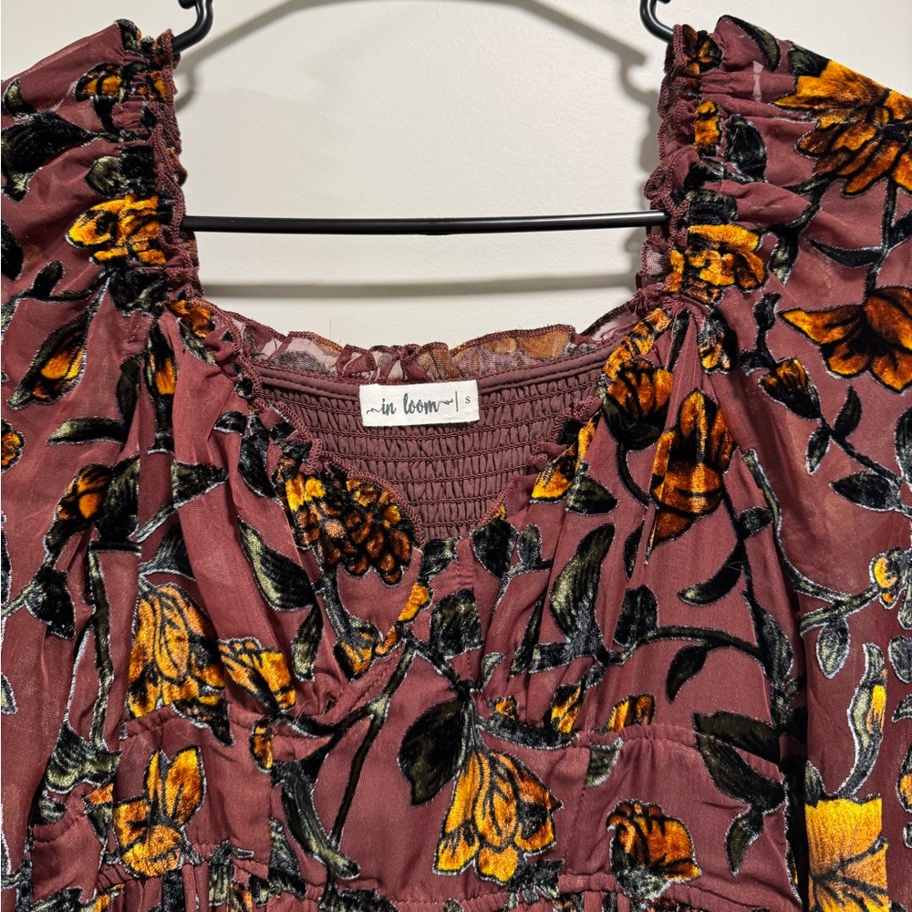 Burgundy and Gold Floral Long Sleeve Dress - Picture 5 of 15